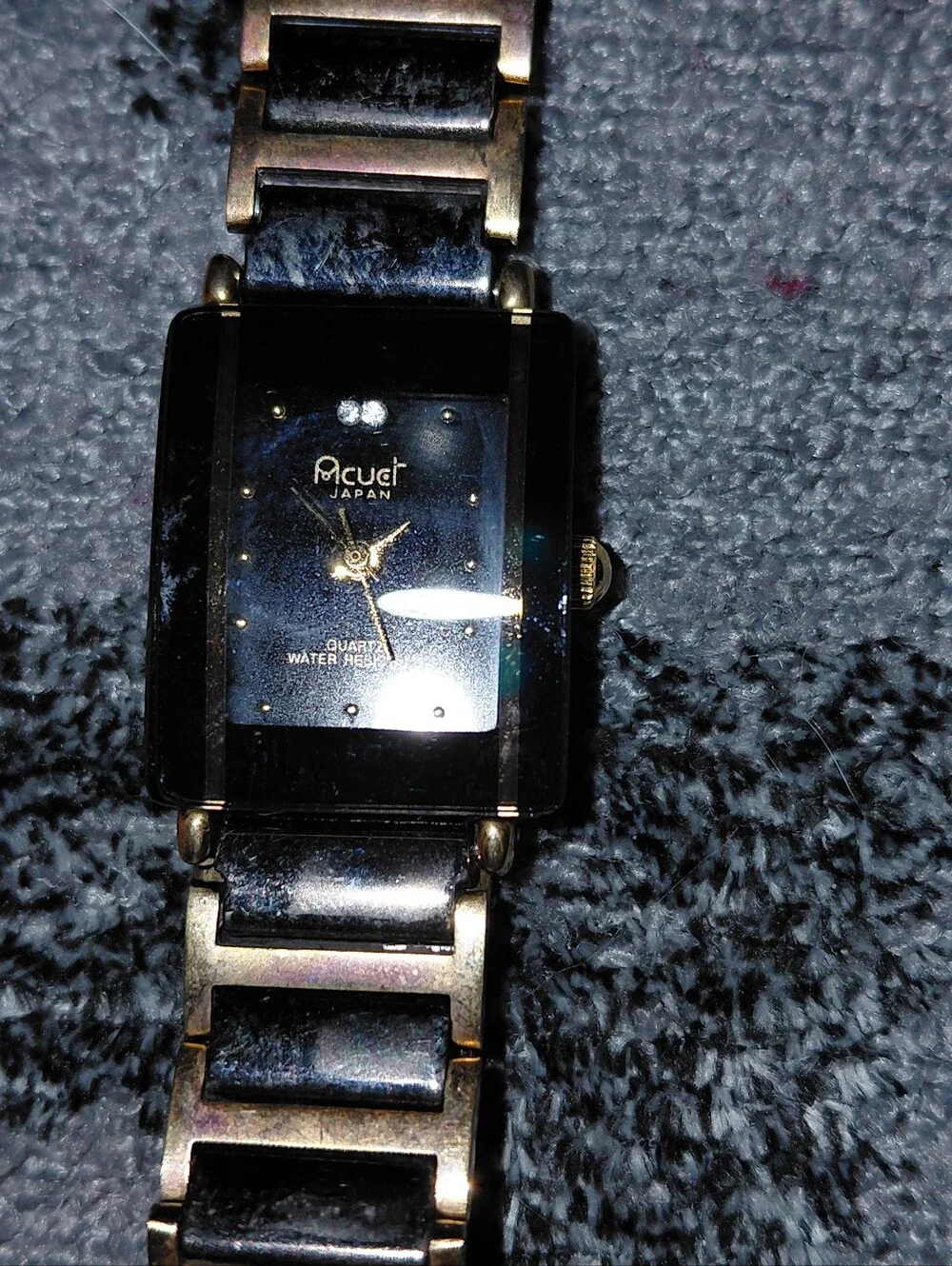 Vintage Acuet Japan Quartz Tank Watch Black Gold Two Tone Art Deco Y2K CC